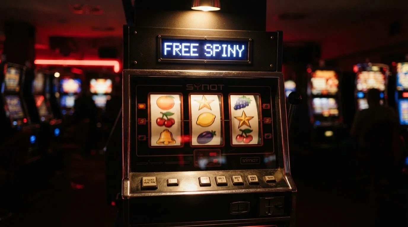 Detail výherního automatu s roztočenými válci a zvýrazněným nápisem „free spiny“ na displeji